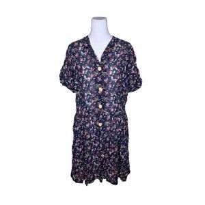 Banana Republic Vintage 90s Rayon Shirt Dress Floral Womens Size S Navy Blue Gru